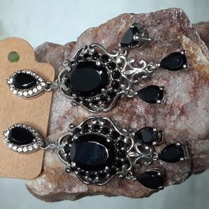 PRICE IS FIRM 925 Genuine Black Spinel, Natural White Zircon Chandler Earrings.